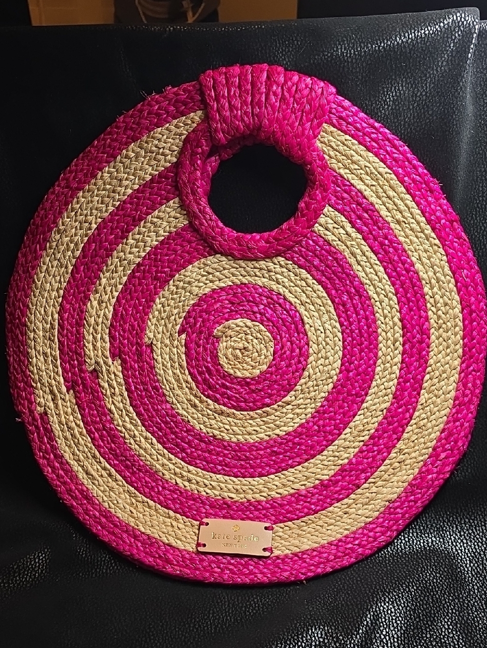 kate spade Hot Pink & Natural Round Straw Tote